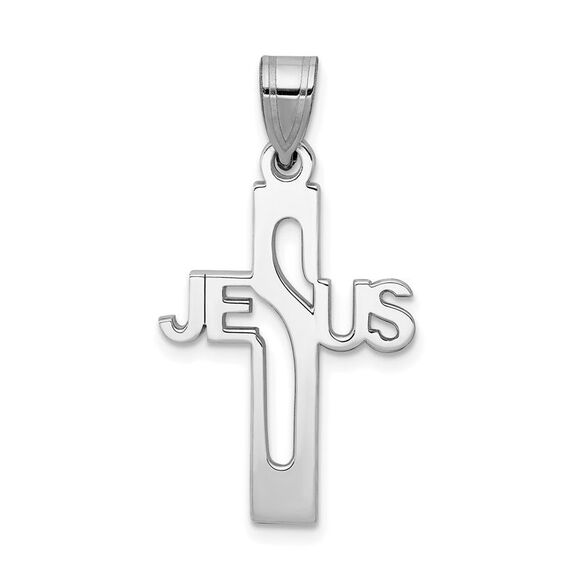 Sterling Silver Rhodium-Plated Flat Jesus Cross Pendant 16 x 31mm